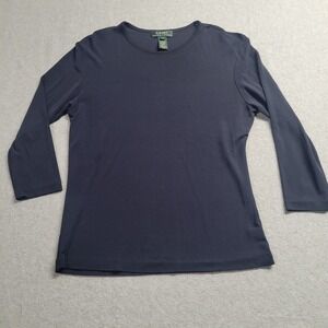 Lauren Ralph Lauren Top Womens Size Medium Navy 3/4 Sleeve‎ 100% Silk Casual
